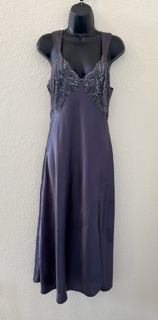 Vtg Victoria’s Secret Gold Label Gray Satin Lace Maxi Lingerie Slip Dress M